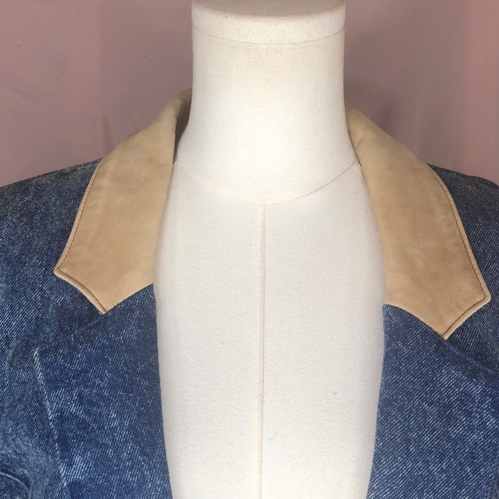 Vintage Blue Denim Western Country Leather Tan Collar Fringe Size Large Like New - Picture 12 of 16